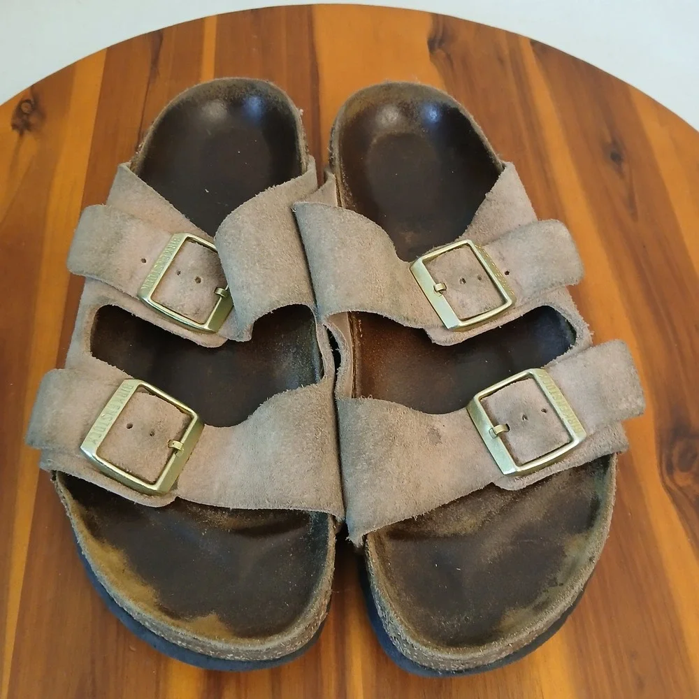 Birkenstock Arizona Sandals Mens Size 39 Brown Suede Leather Two Strap Cork